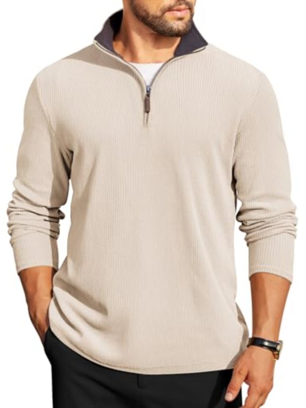 Men's Corduroy Quarter Zip Pullover Sweatshirt Contrast Collar